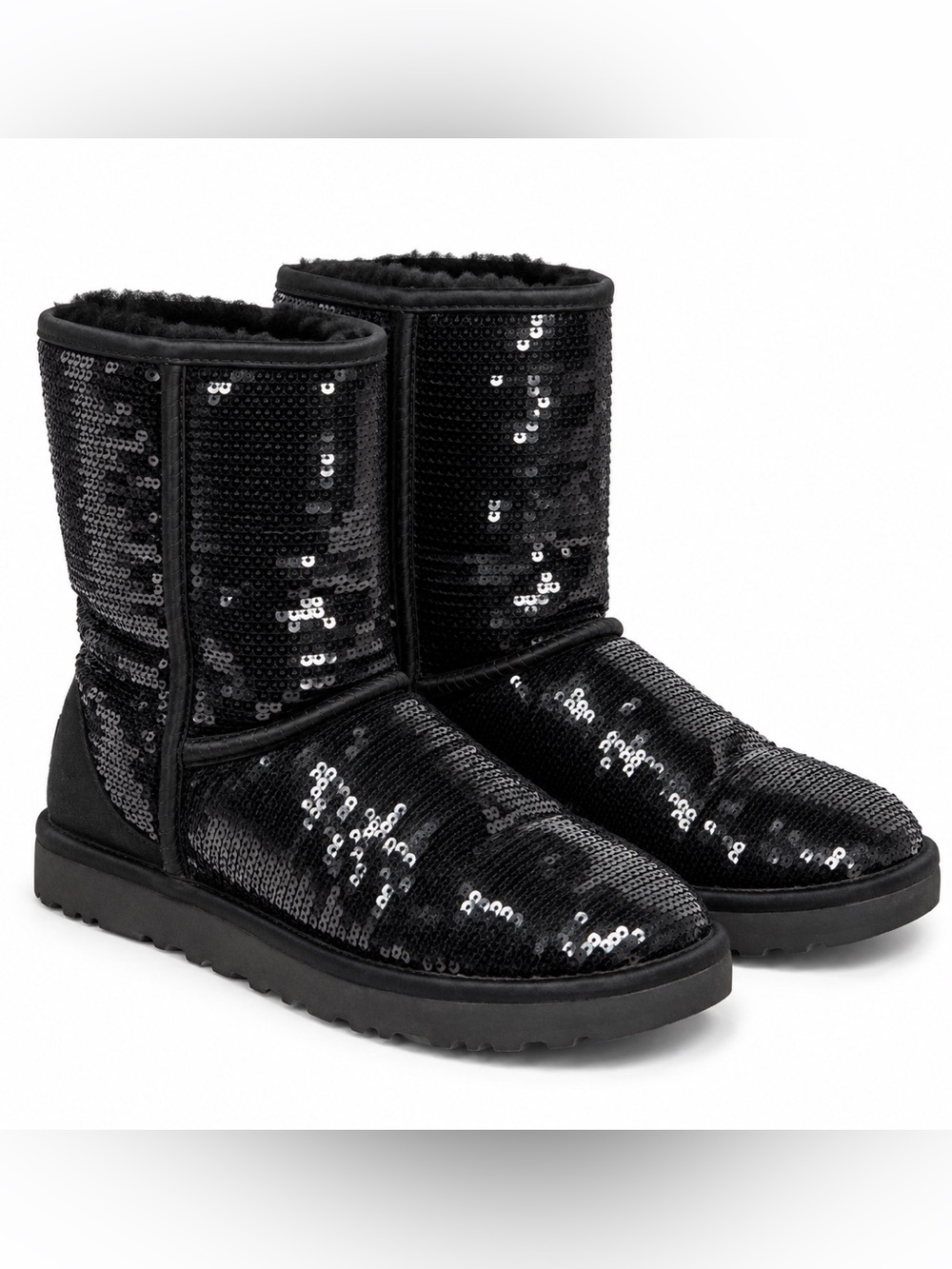 UGG Classic Short Sparkles Black Sequin Shearling Boots Women’s Size 7